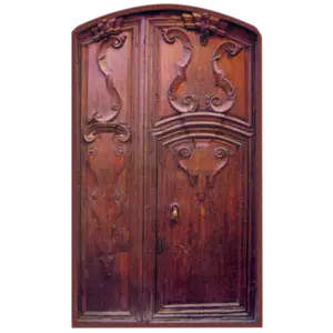 Double arched wooden door with Symmetrical scroll carvings and decorative crest