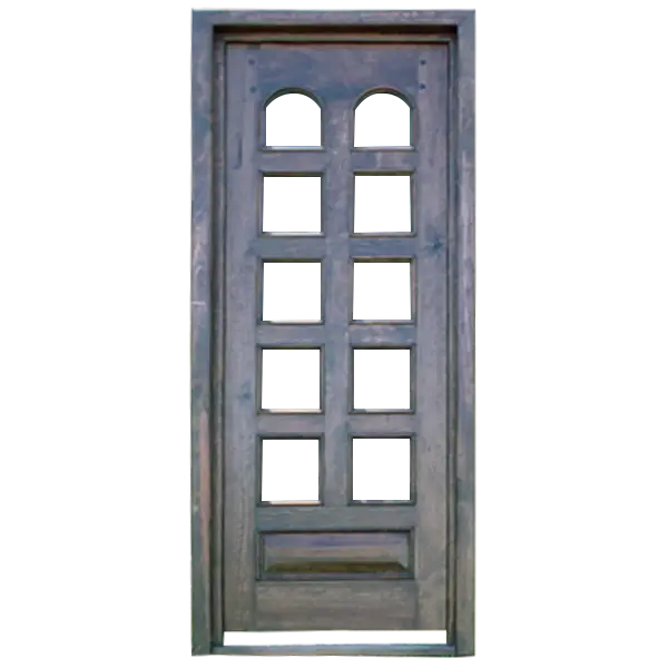 Hand-carved weathered rustic wooden door with open arches